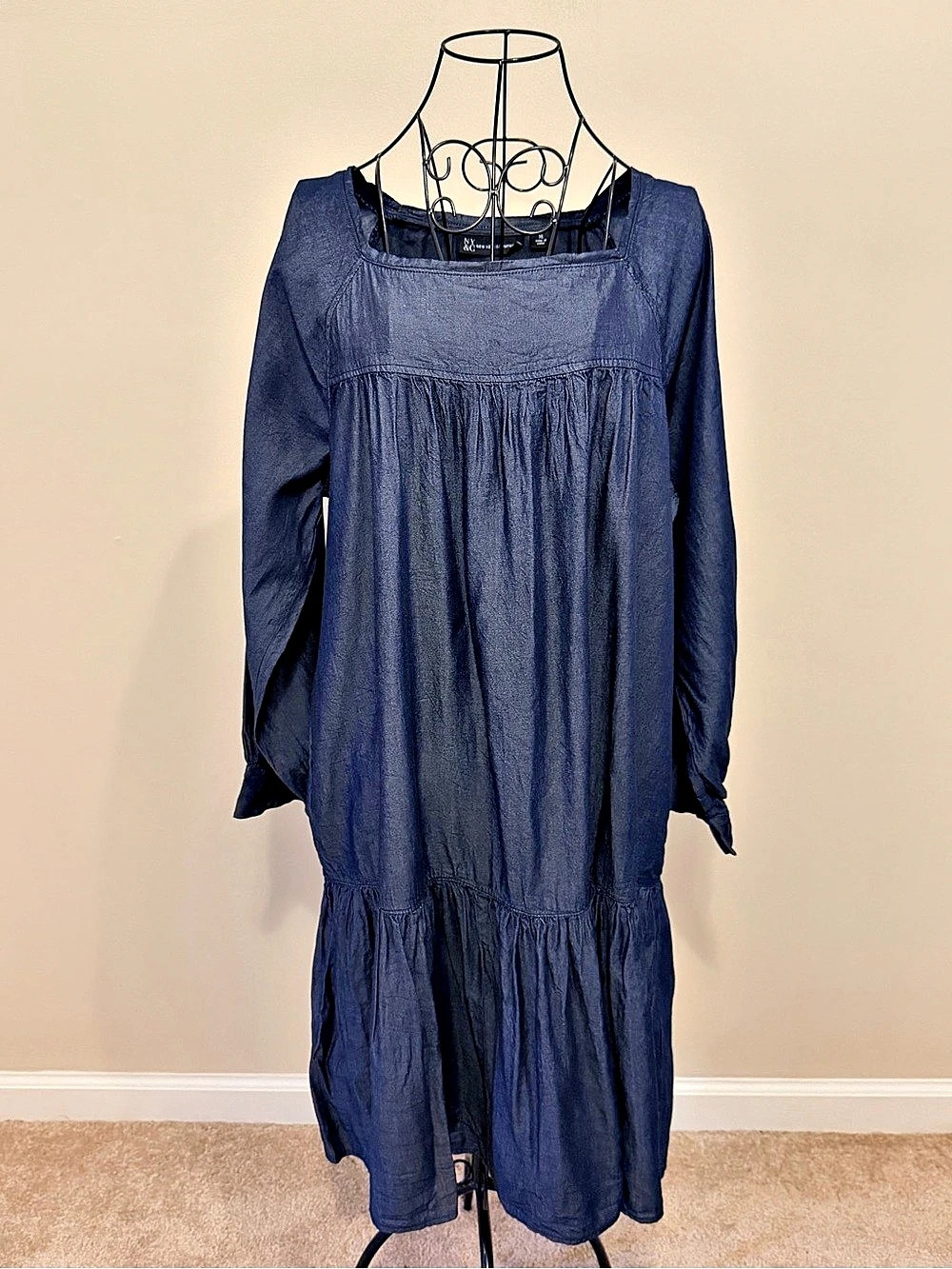 New York & Company Blue Denim Midi Shift Dress XL Square Neck Tiered Ruffle